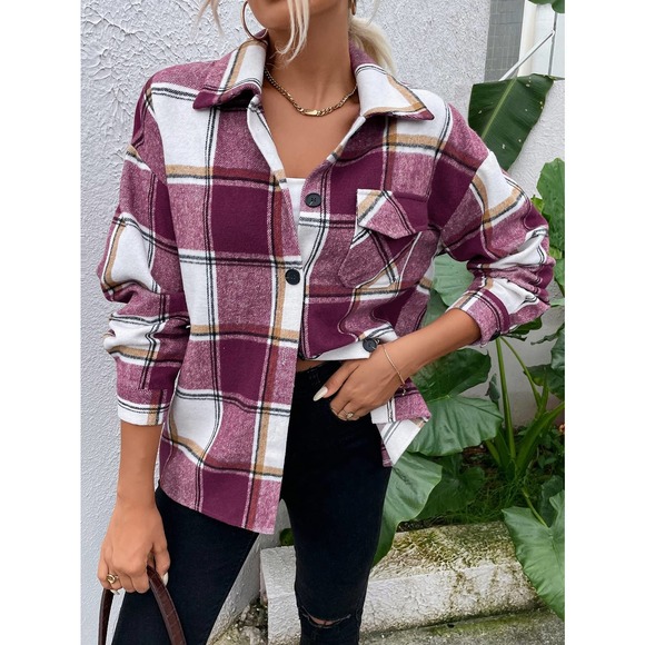 Plaid Flap Pocket boyfriend shacket trucker jacket blue tan white - Picture 8 of 15